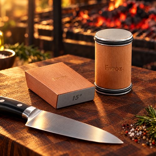 Afilador Roller+ Feroz junto a cuchillo de chef y parrilla encendida
